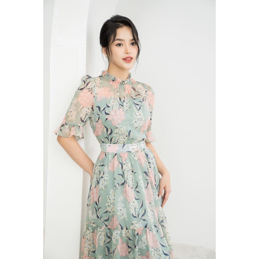 SHEAZ Đầm tơ tay ngắn dáng dài midi nền xanh hoa hồng phong cách Hàn Quốc