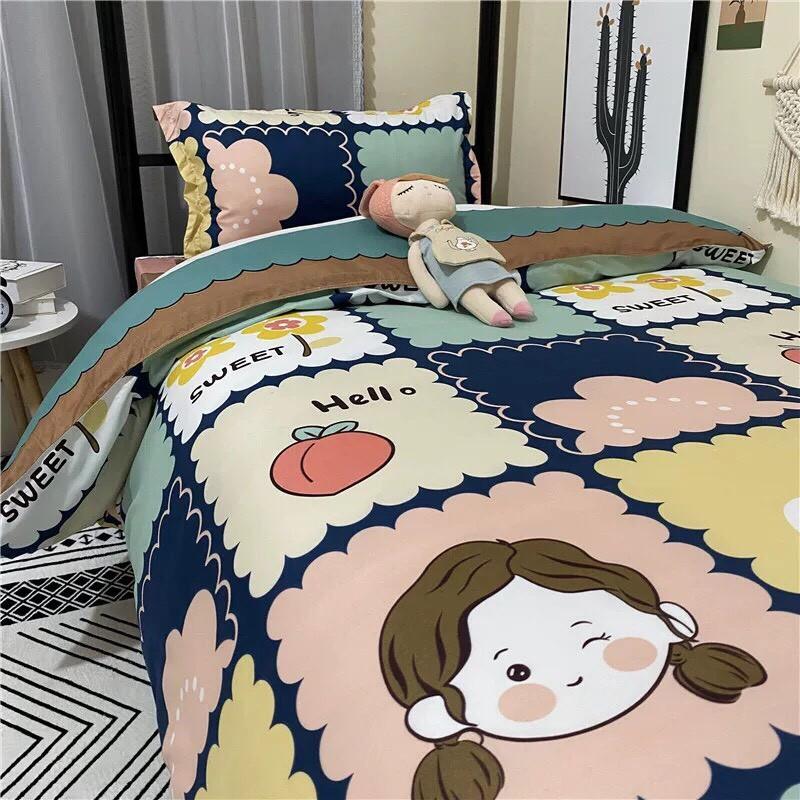 Bộ chăn ga gối Cotton poly M2T bedding Cô bé thỏ trắng, vỏ chăn mền, drap nệm và 2 vỏ gối