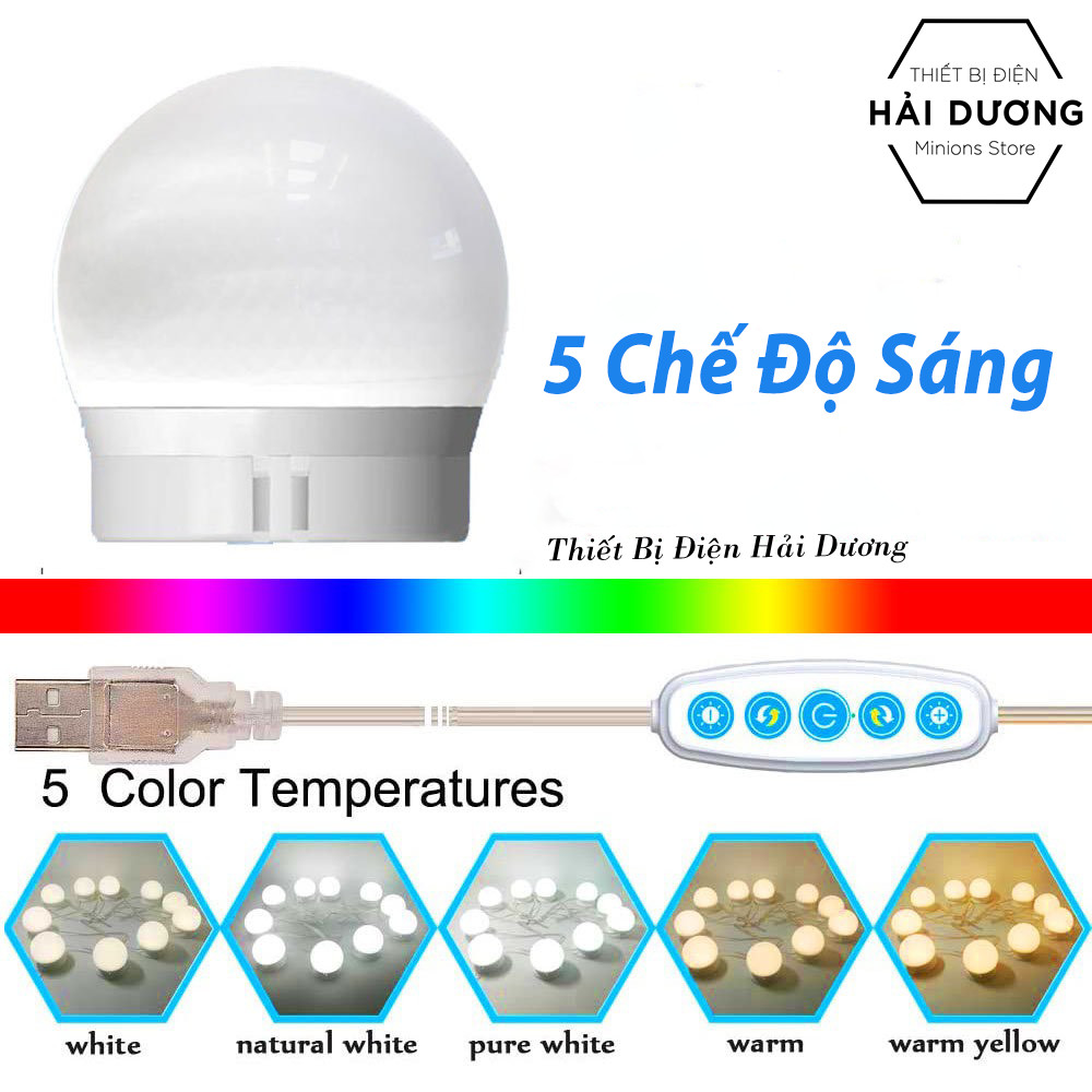 Set 10 bóng đèn LED chiếu sáng gương trang điểm BL-031 - Dán gương tiện lợi - 5 chế độ sáng - Tăng giảm ánh sáng