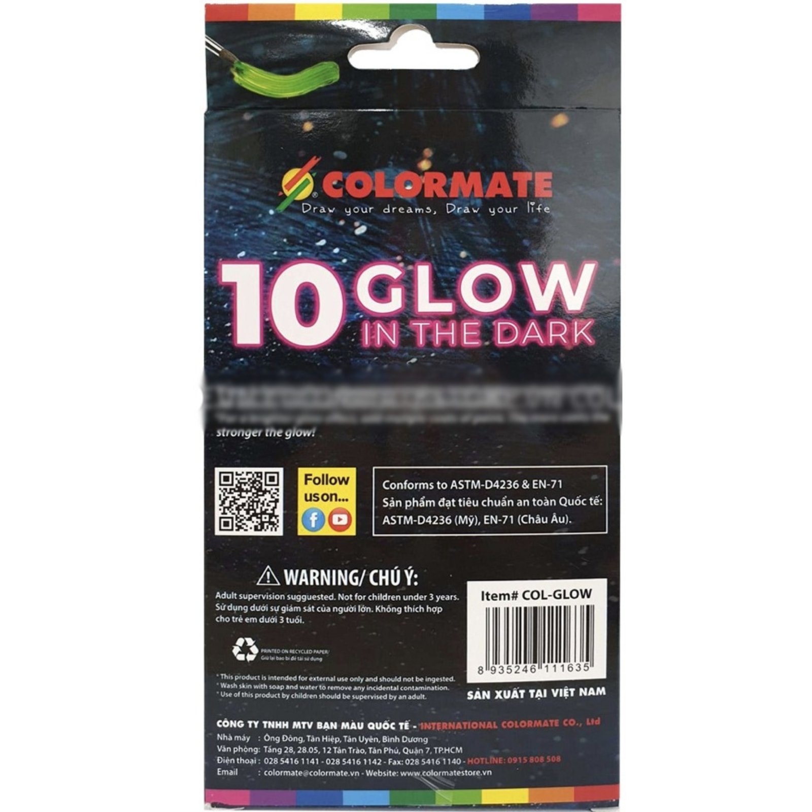 Hộp giấy 10 tuýp màu phát sáng Glow In The Dark Colormate