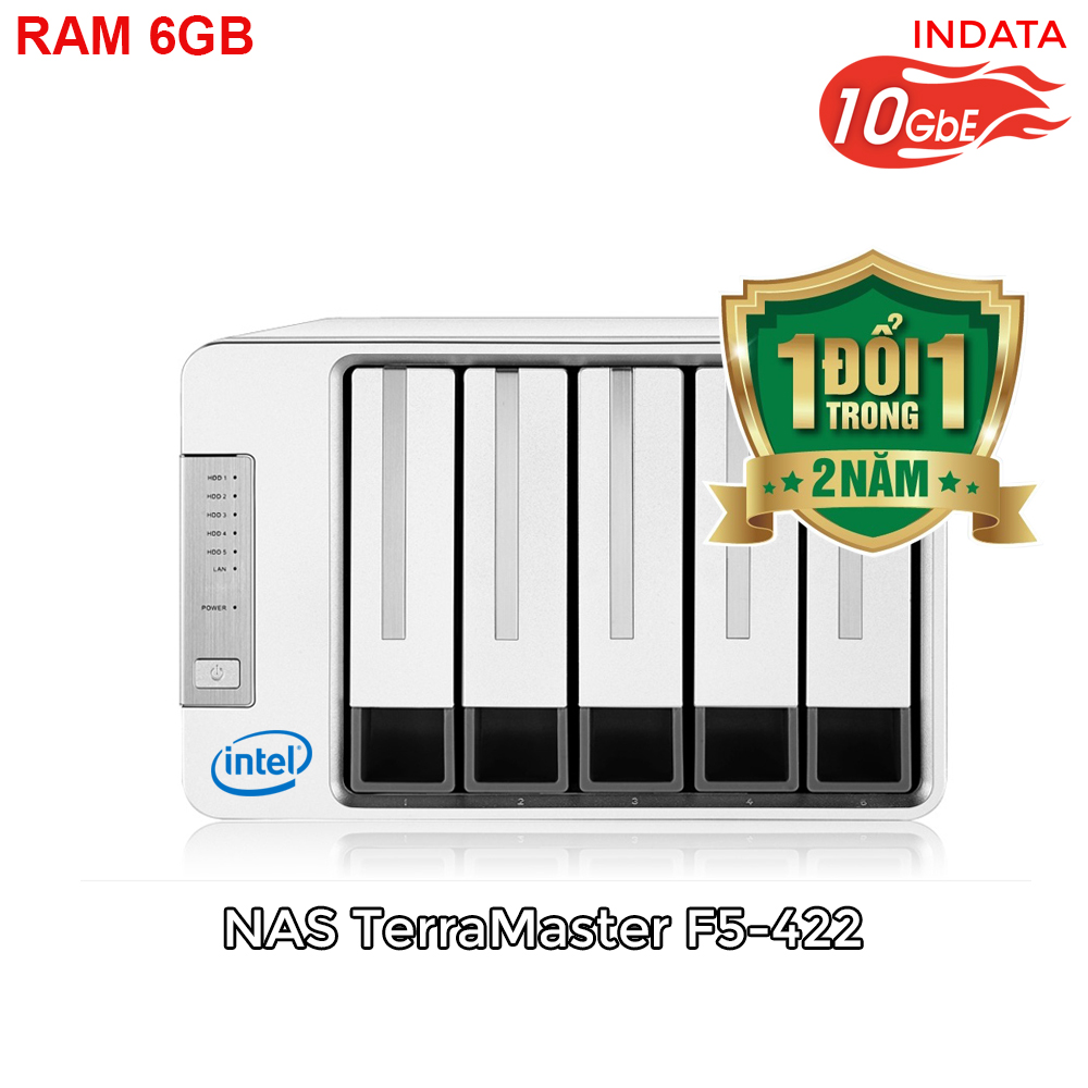 Bộ lưu trữ mạng NAS TerraMaster F5-422, LAN 10Gbps, Intel Quad-Core 1.5GHz, 6GB RAM, 670MB/s, 5 khay ổ cứng RAID 0,1,5,6,10,JBOD,Single - Hàng chính hãng