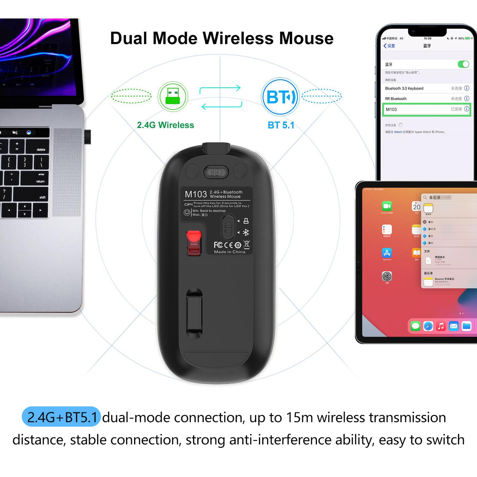 M103 2.4G+BT5.1 Chuột không dây hai chế độ Chuột văn phòng công thái học 3 bánh răng có thể điều chỉnh DPI tích hợp Pin Lithium 500mAh màu bạc