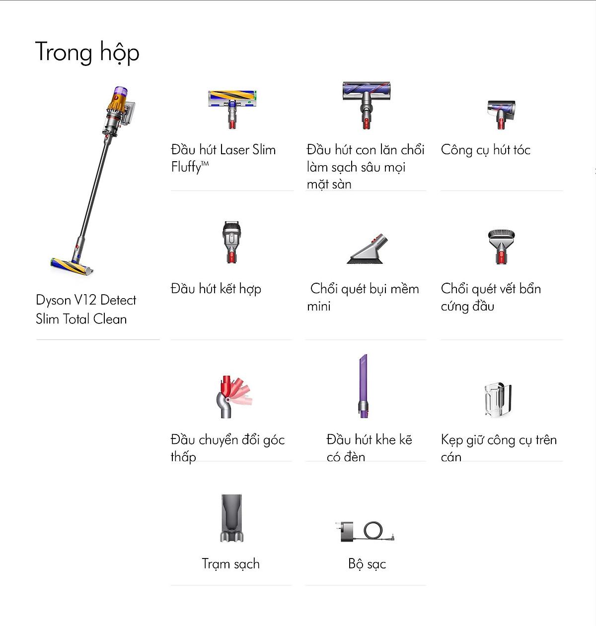 Máy Hút Bụi Dyson V12 Detect Slim Total Clean, Máy Hút Bụi Cầm Tay Không Dây, Nhiều Đầu Hút, Công Suất Lớn, Nhập Khẩu