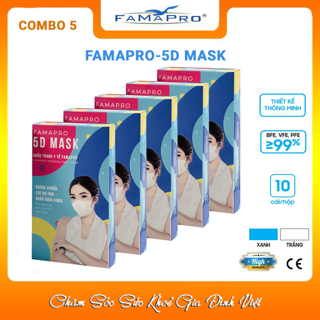 [COMBO 5 Hộp Ưu Đãi] Khẩu trang kháng khuẩn Famapro 5D Mask/Kháng khuẩn, virus, bụi 99% /Chính Hãng Hộp 10 cái)