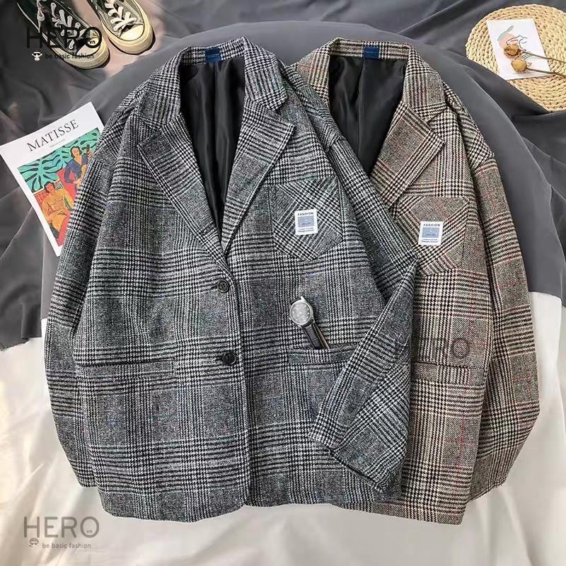 Áo Blazer Caro Form Rông Dài Tay BZ09, Áo Khoác Vest Blazer Học Sinh Hàn Quốc Nam Nữ Thời Trang HERO