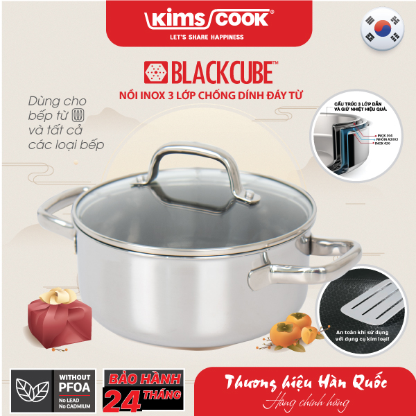 Nồi KIMS COOK Black Cube inox 3 lớp nắp kính chống dính