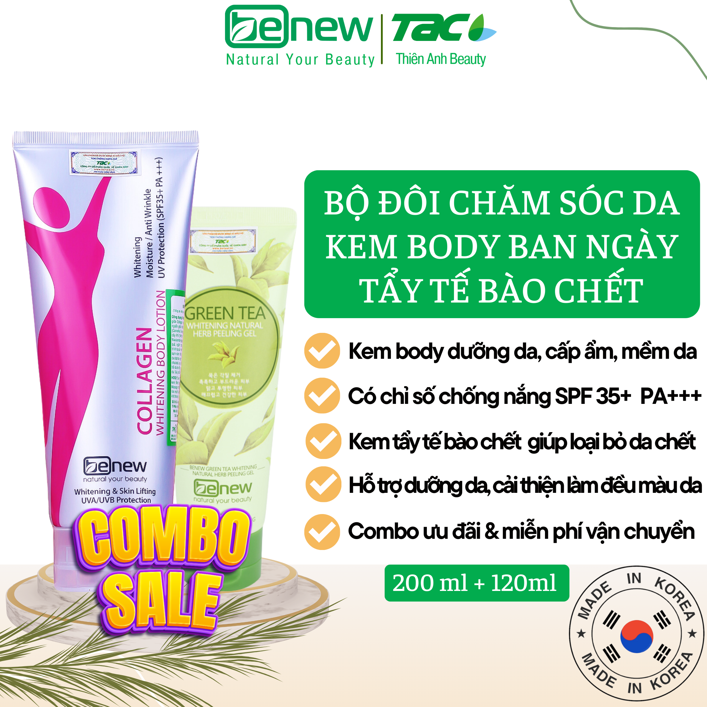 [MUA 2 GIÁ ƯU ĐÃI] Kem Body Ban Ngày + Tẩy Da Chết Trà Xanh Dưỡng BENEW Body Skincare Làm Đẹp Da