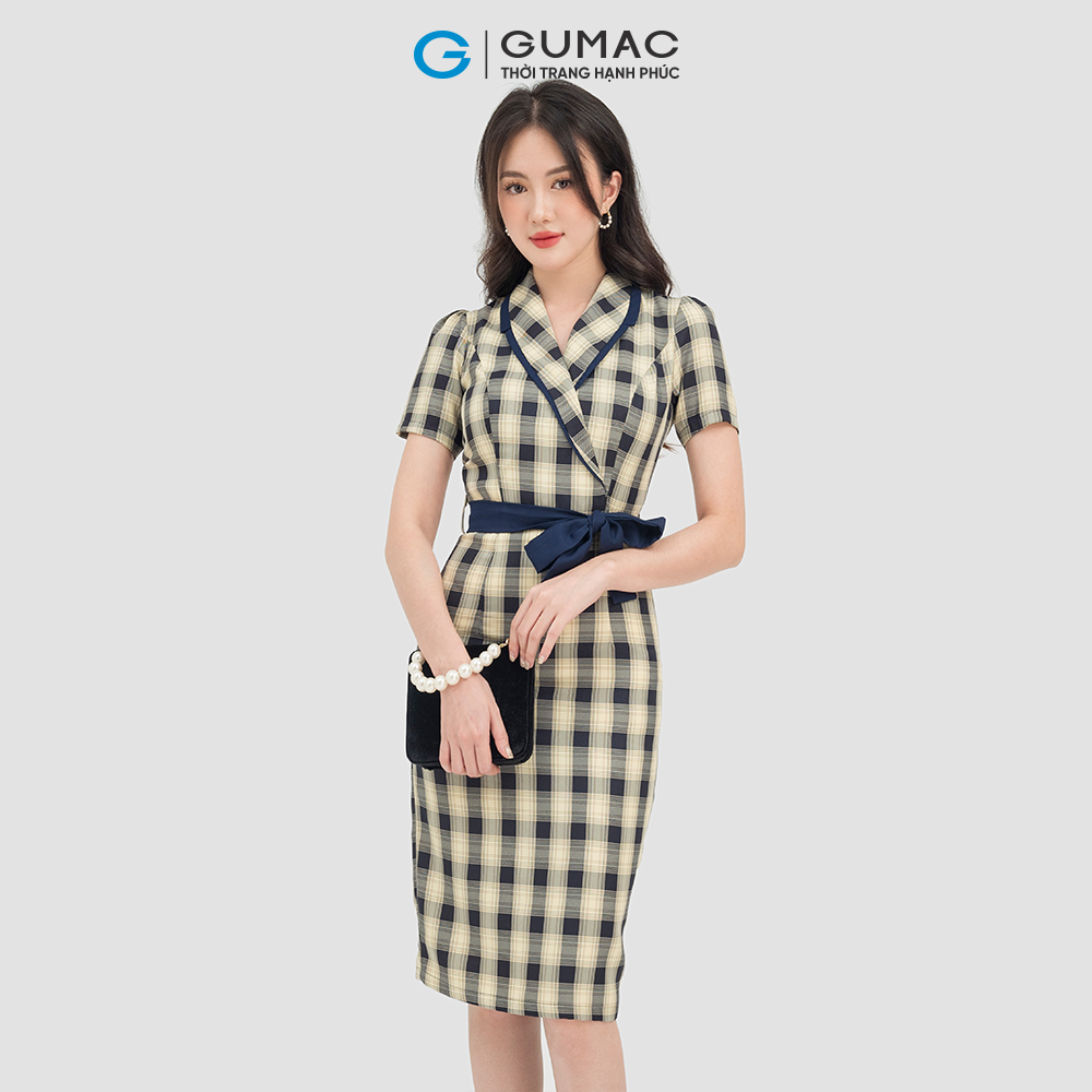 Đầm dáng ôm nữ GUMAC DC07018,sọc ca rô cổ vest phối nơ sang trọng