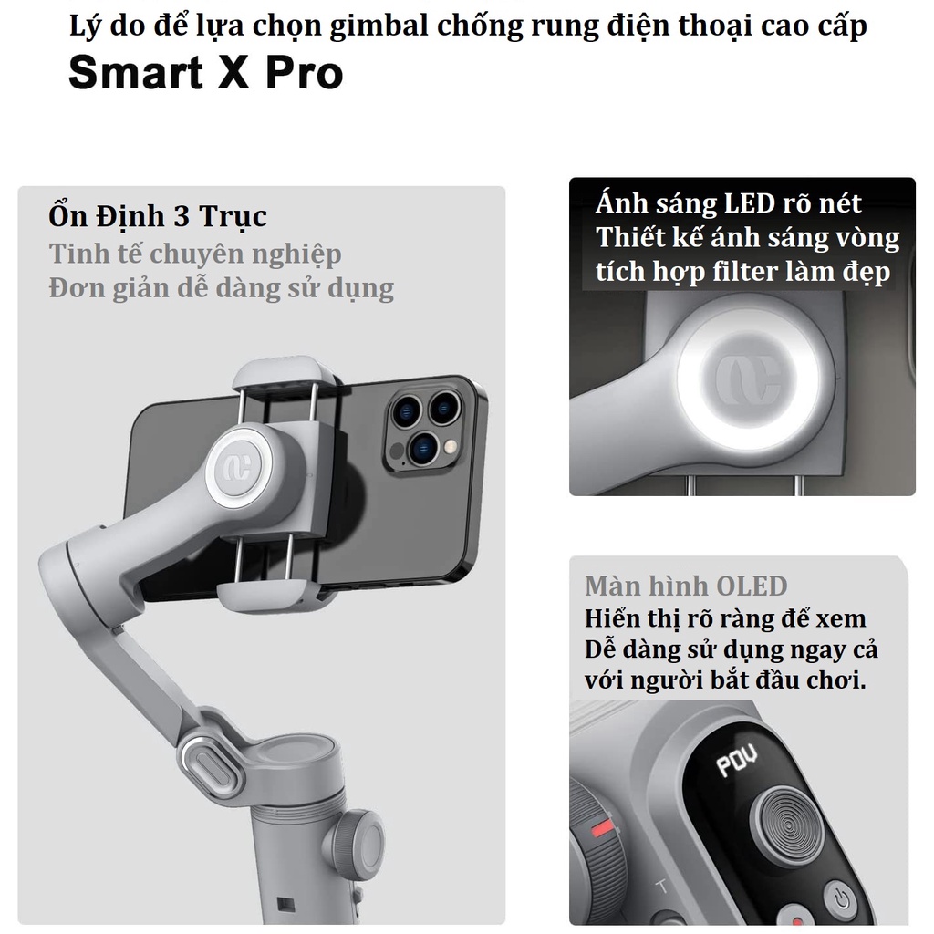 Gimbal chống rung cho điện thoại Smart X Pro - Tay cầm chống rung 3 trục tích hợp sạc không dây - Đèn LED hắt sàng - ĐA TÍNH NĂNG.
