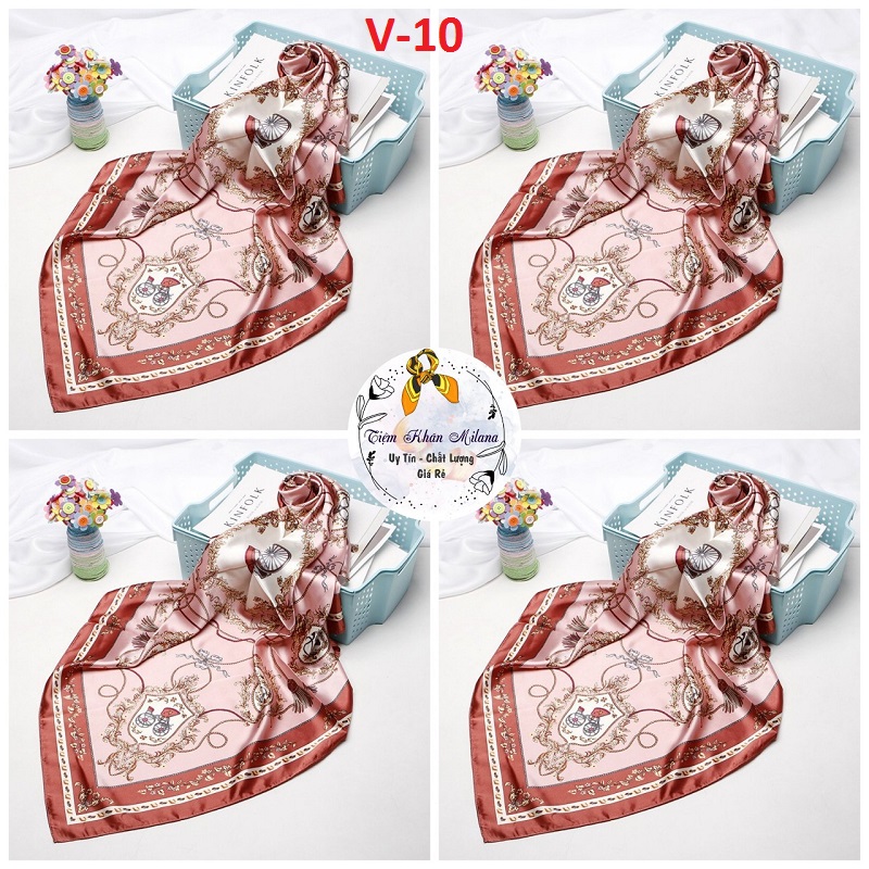 Khăn lụa vuông Satin 90x90 cm màu hồng cam họa tiết, choàng cổ, có thể làm áo ngực thời trang cho nữ Milana