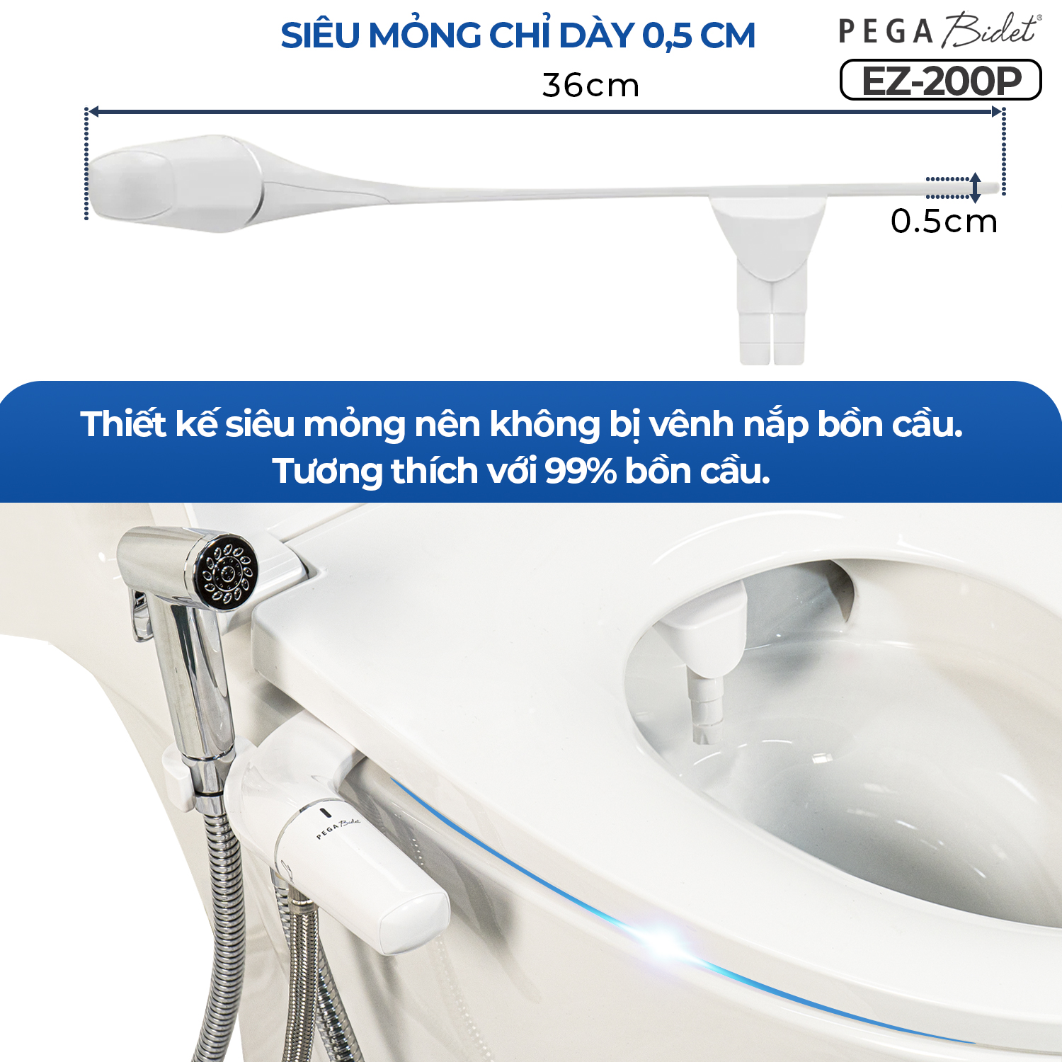 Vòi Xịt Rửa Vệ Sinh Thông Minh PEGA Bidet EZ-200P gắn bồn cầu, Không Dùng Điện, Công Nghệ Mới Siêu Mỏng, 2 Vòi Rửa có Vòi Chuyên Dụng Cho Nữ, Dễ Lắp Đặt, Rất cần cho Trẻ Em, Người Già, Phụ Nữ Mang Thai - Thương Hiệu Mỹ