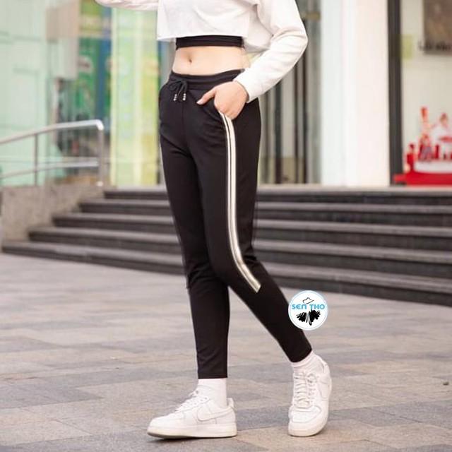 Quần Jogger Nữ Sọc Trắng, Dáng Dài, Thể Thao Có Dây Buộc, Chất Umi Dày Dặn, Co Giãn Tốt