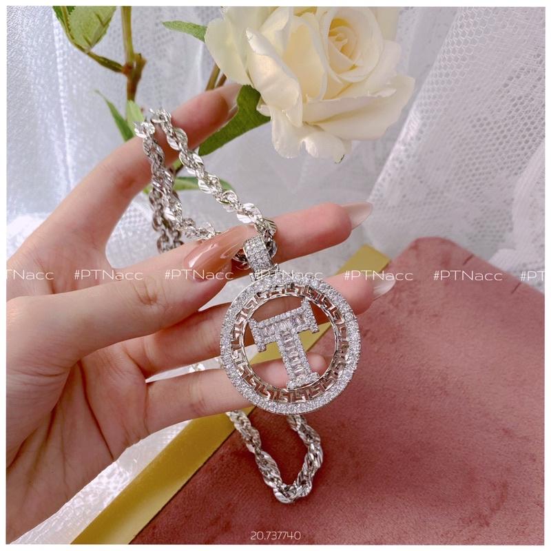 ᴾᵀᴺᵃᶜᶜ Dây chuyền bạch kim xoắn lá phối mặt T đá paget