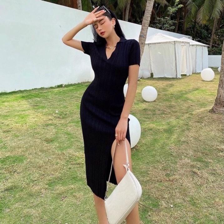 Đầm ôm body sọc,đầm xẻ tà tôn dáng Form FREESIZE, chất len gân đẹp