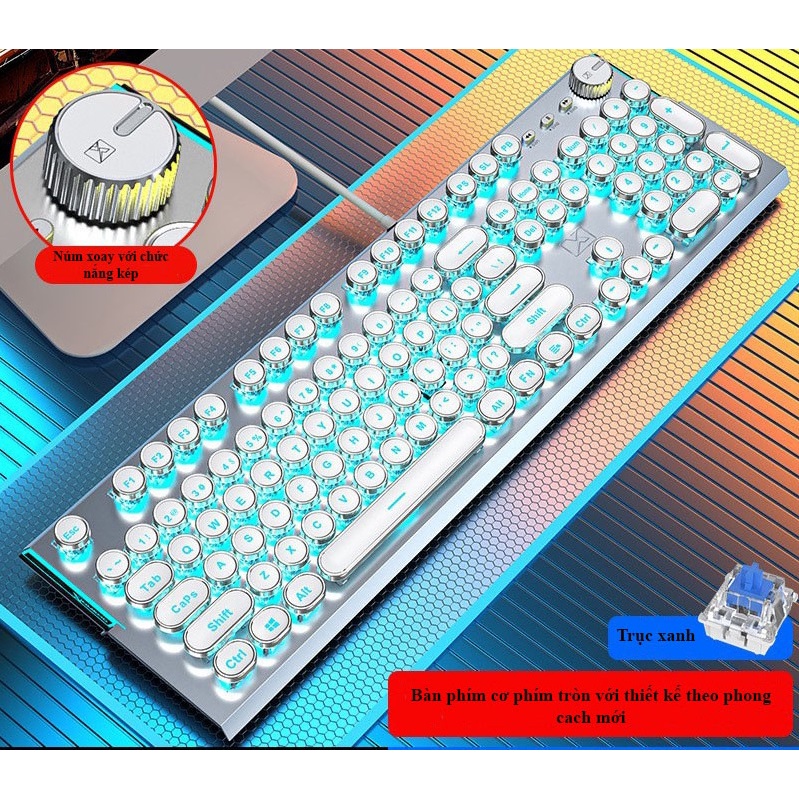 Bàn phím cơ Blue switch Ximeng K901, Bàn phím gaming chính hãng led RGB Phím tròn mạ bạc cá tính