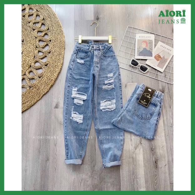 Quần Baggy Jean Nữ Lưng Cao Rách Kiểu Lai Cuốn Vải Bò Ulzzang Phong Cách Thời Trang - Mã 75