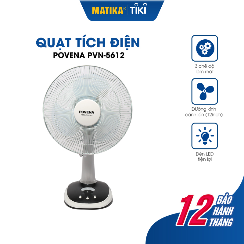 Quạt tích điện POVENA pin sạc 2 cổng có đèn ngủ công suất lớn 24w PVN-5612 - Hàng chính hãng