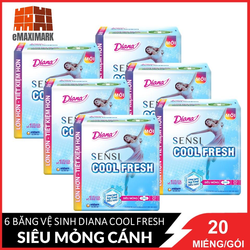 COMBO 6 gói băng vệ sinh Diana Sensi Cool Fresh siêu mỏng cánh 20 miếng/gói X6