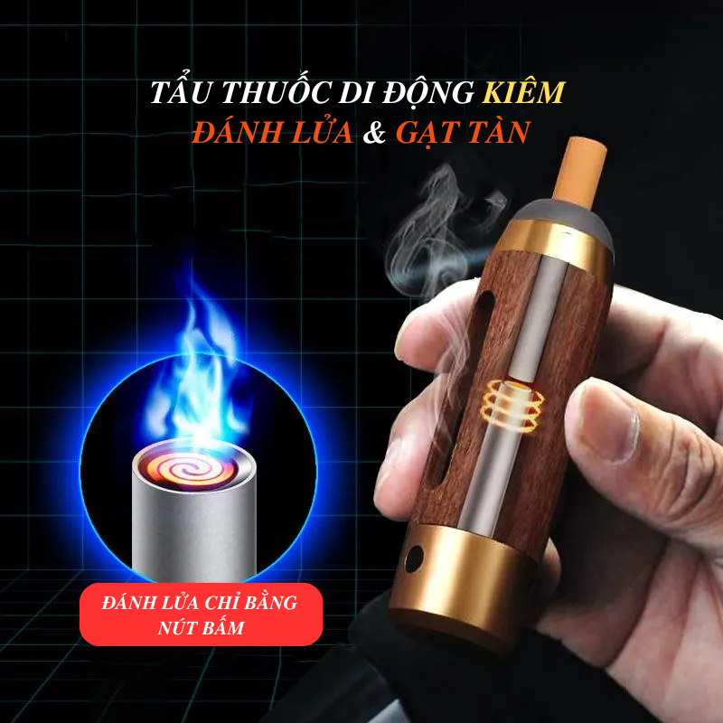 Tẩu Thuoc la_Đồ Hút Thuoc la Kiêm Đánh Lửa &amp; Gạt Tàn Tiện Lợi Chất Liệu Gỗ Tặng Kèm 3 Đầu Hút + Dây Sạc USB