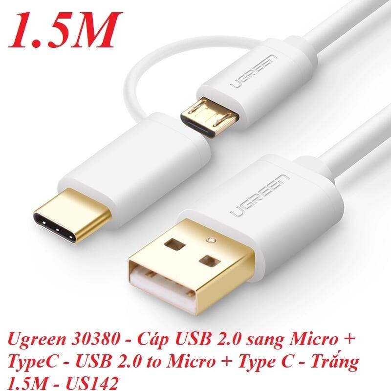 Ugreen UG30380US142TK 1.5M màu trắng Cáp USB-A sang Micro USB + USB-C cao cấp - HÀNG CHÍNH HÃNG