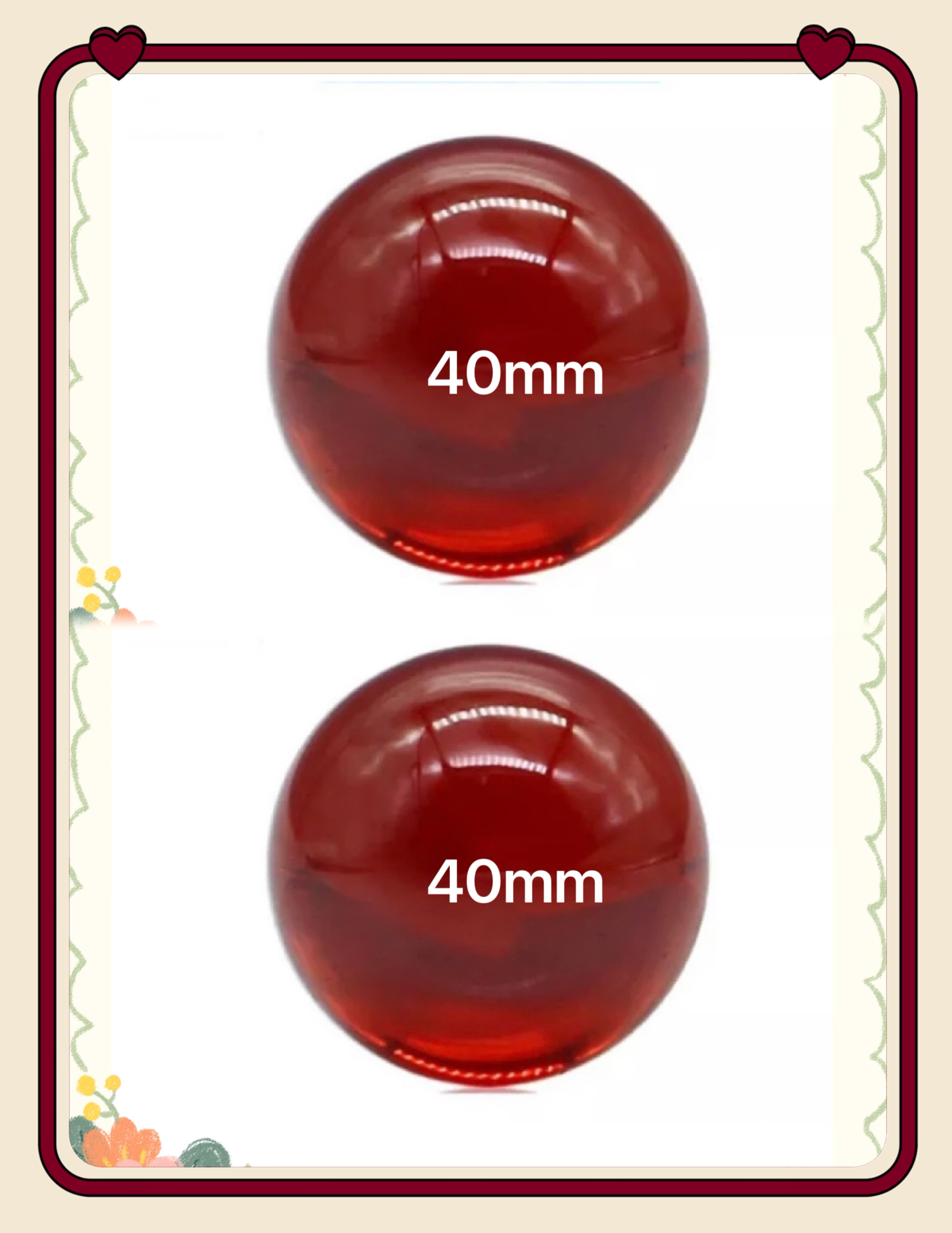 2 viên 40mm bi thuỷ tinh màu đỏ trong suốt - bi trang trí và sưu tầm