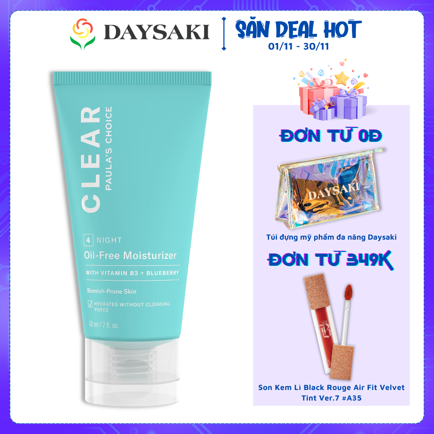 Paula's Choice Kem Đêm Không Chứa Dầu Dành Cho Da Mụn Clear Oil -Free Moisturizer 60ml