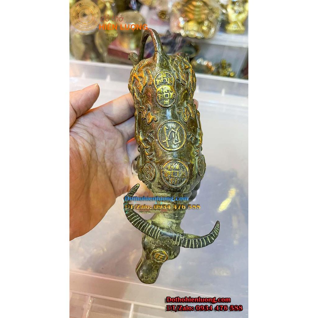 Đôi Trâu Đồng Chữ Phúc Màu Xanh Rêu Giả Cổ Cao 10cm