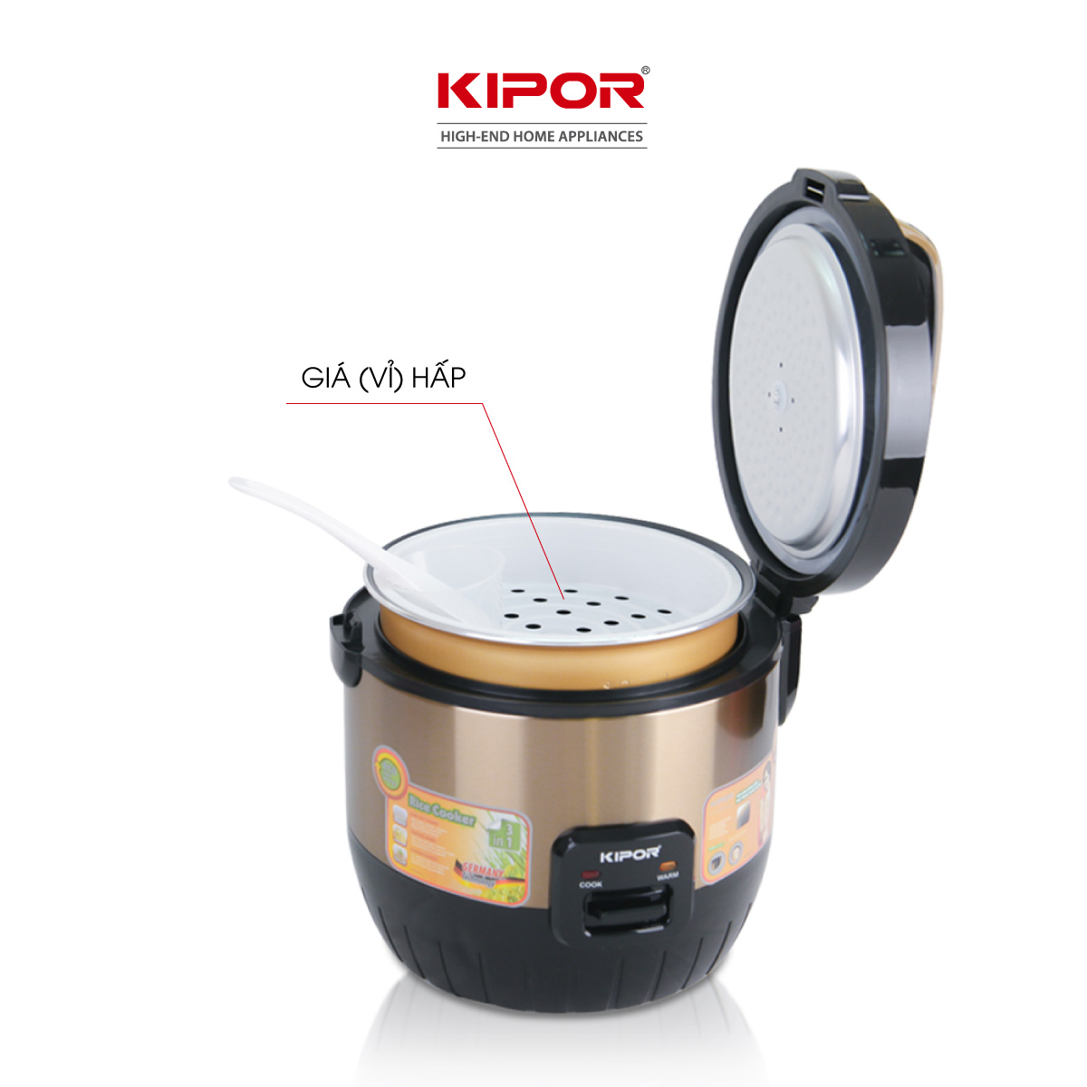 Nồi cơm điện KIPOR KP-N6518 - 1.8L - Nồi cơ dung tích lớn 4-6 người ăn, chống dính TEFLON 3mm 1Kg, màu đỏ/vàng đa năng -Hàng chính hãng- Bảo hành tại nhà 12 tháng