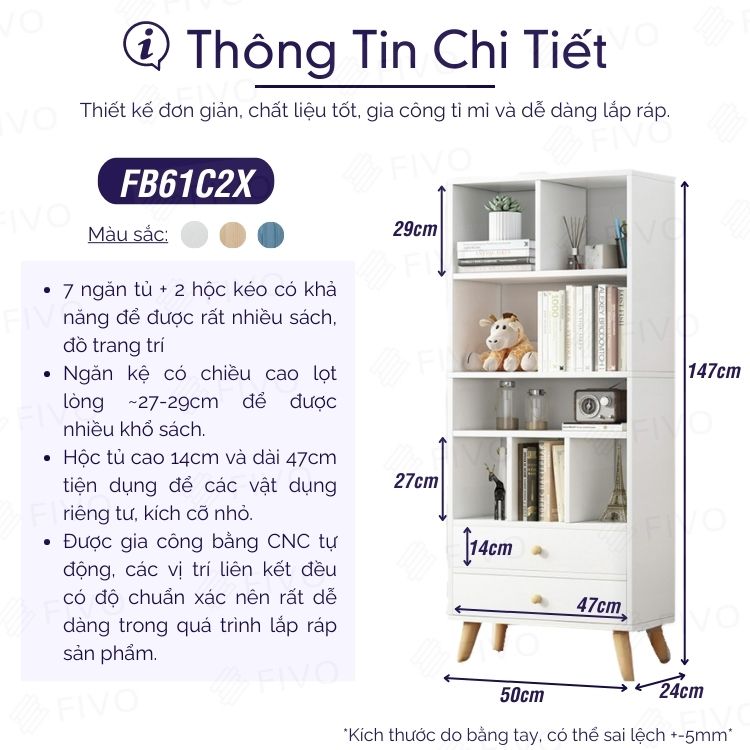 Tủ Đựng Sách Gỗ MDF FIVO FB61 (50 x 24 x 147cm) Phong Cách Hàn Quốc (Có Hộc Kéo)- Hàng Chính Hãng