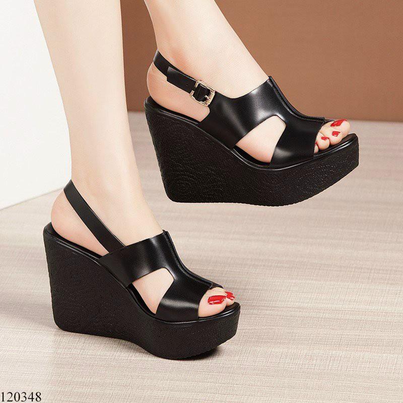 Giày sandal đế xuồng nữ 10cm,giày xăng-đan da quai chéo ngang cao 10 phân màu đen siêu nhẹ