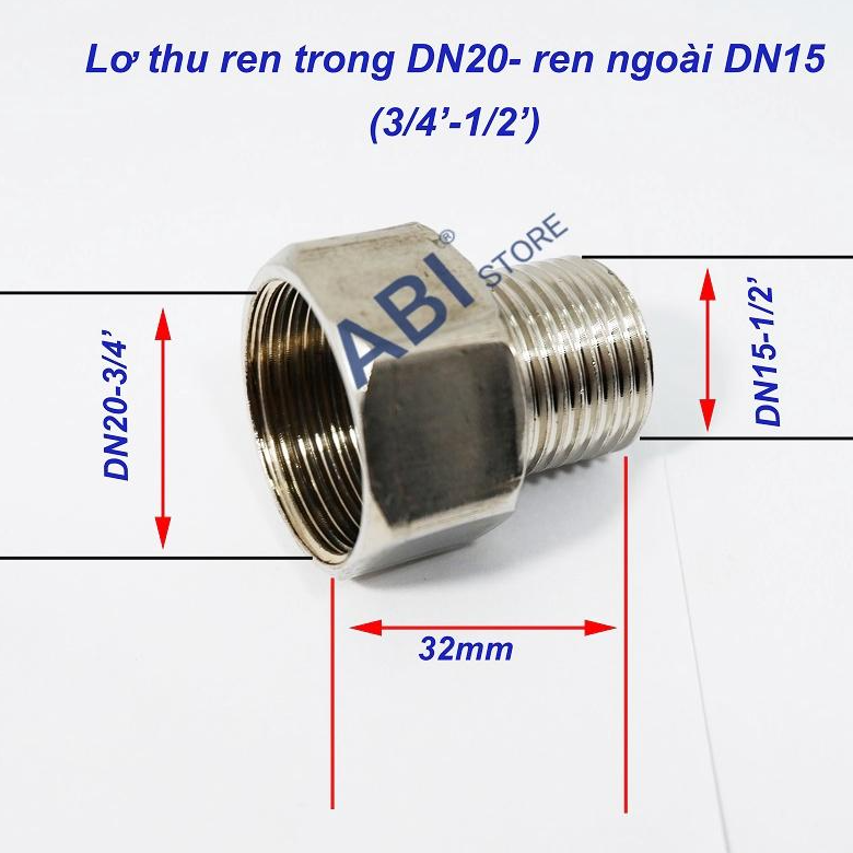 Lơ thu ren trong 27(dn20-3/4'') - ren ngoài 21(dn15-1/2''), lơ inox, chuyển bậc ren, cà rá inox