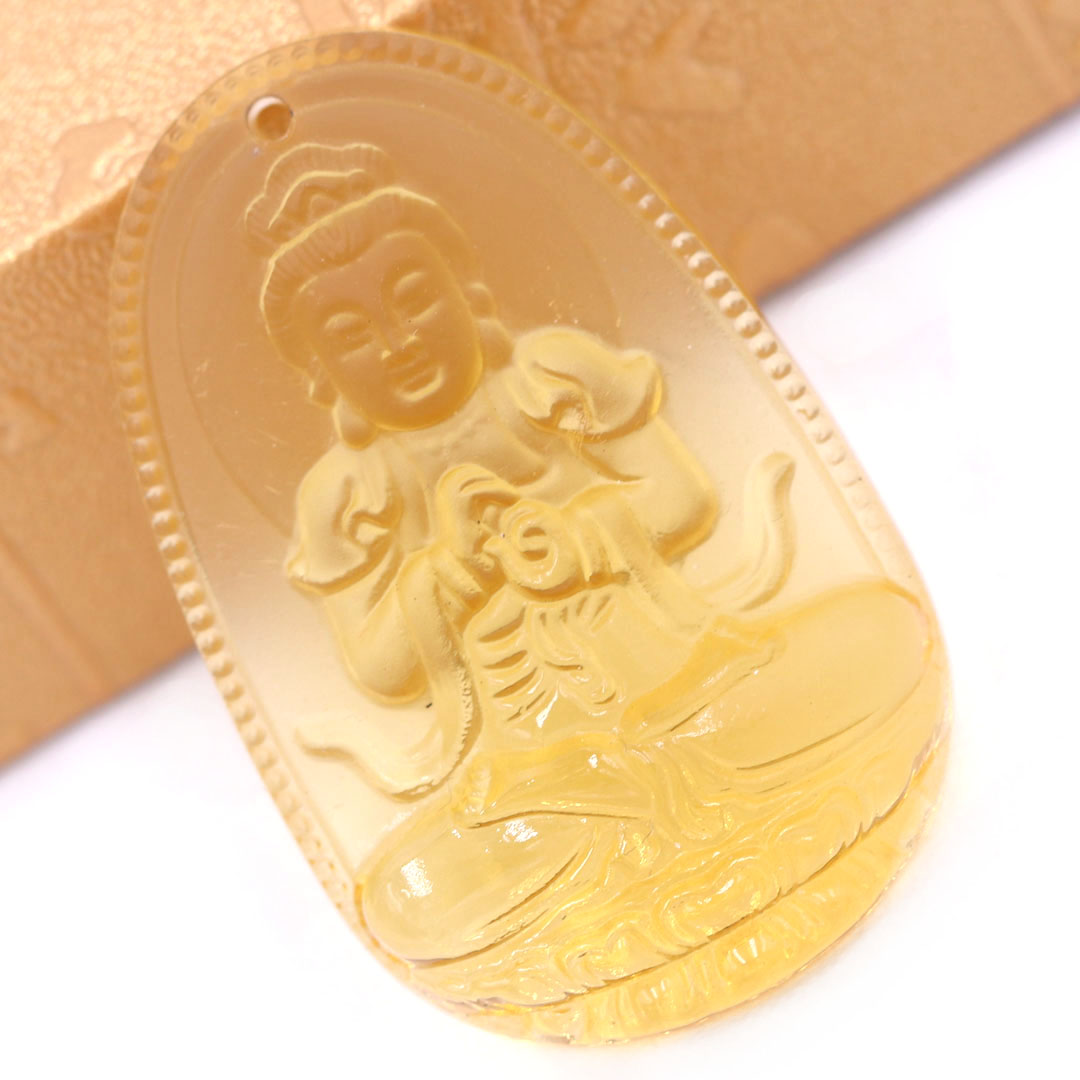 Mặt Phật Đại nhật như lai thuỷ tinh vàng 3.6 cm kèm móc và vòng cổ dây cao su đen, Mặt Phật bản mệnh