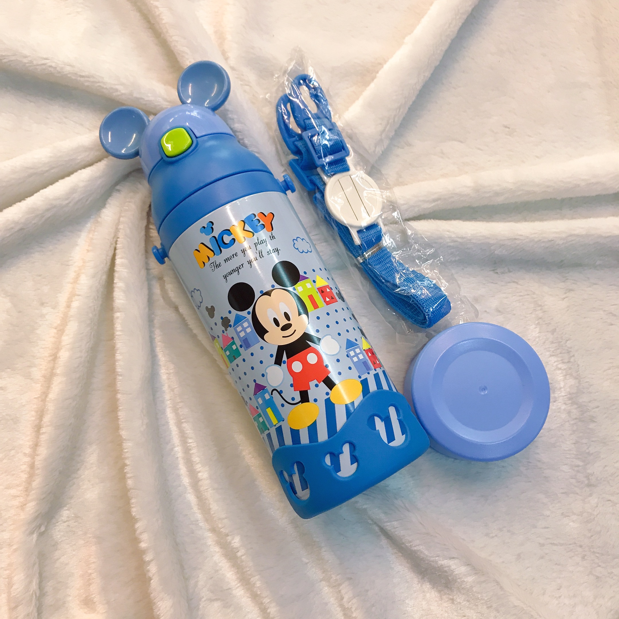 Bình nước giữ nhiệt 2 nắp hình chuột Mickey màu xanh viền silicon cho trẻ em, các bé, học sinh -  - WD-3430MK