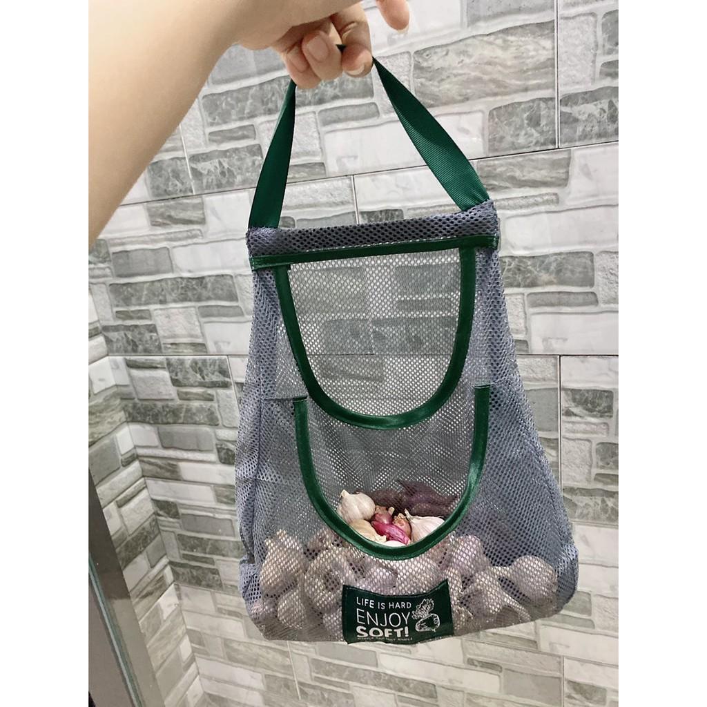 Túi Treo hành tỏi - Lưu Trữ Hành Tỏi Tránh Mốc Lưới Đan ENJOY SOFT, Màu Xanh Xám, Hình Tháp 2 ngăn