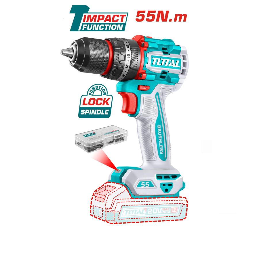 MÁY KHOAN BÚA KHÔNG CHỔI THAN DÙNG PIN 20V (KHÔNG KÈM PIN &amp; SẠC) 55NM TOTAL TIDLI205581 - HÀNG CHÍNH HÃNG