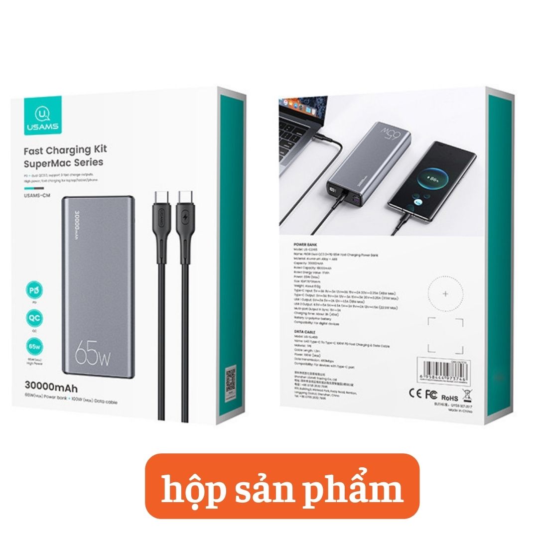 Pin Sạc Dự Phòng 30000mah sạc nhanh 65W PD hỗ trợ sạc cho laptop - sạc dự phòng 20000mah có hiển thị phần trăm pin