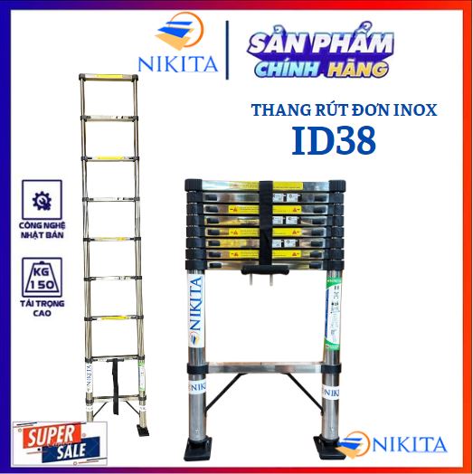 Thang inox rút đơn 3,8m chính hãng Nikita, an toàn, tiện dụng, dễ di chuyển