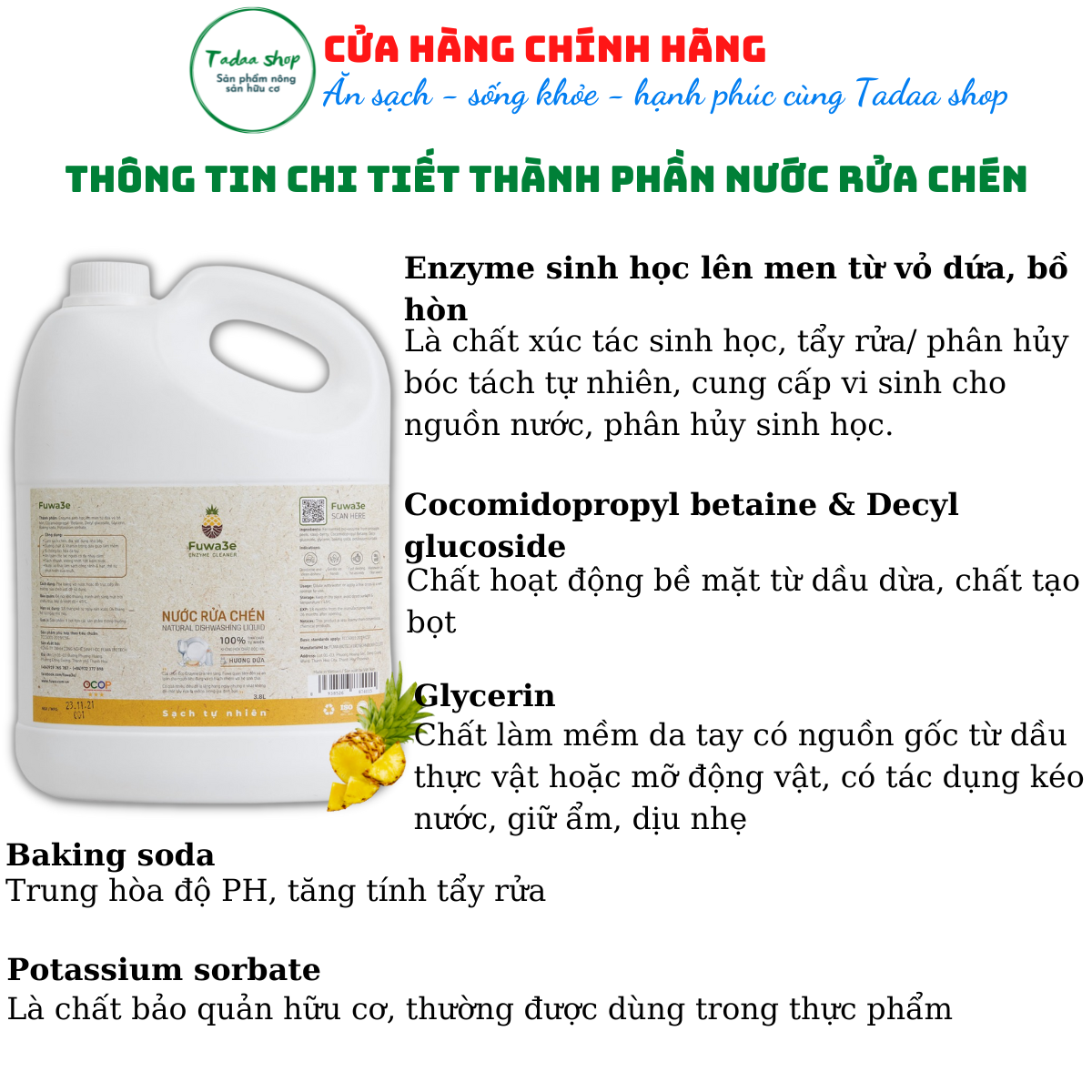 Nước rửa chén hữu cơ hương dứa Fuwa3e an toàn cho da trẻ em can tiết kiệm 3,8L