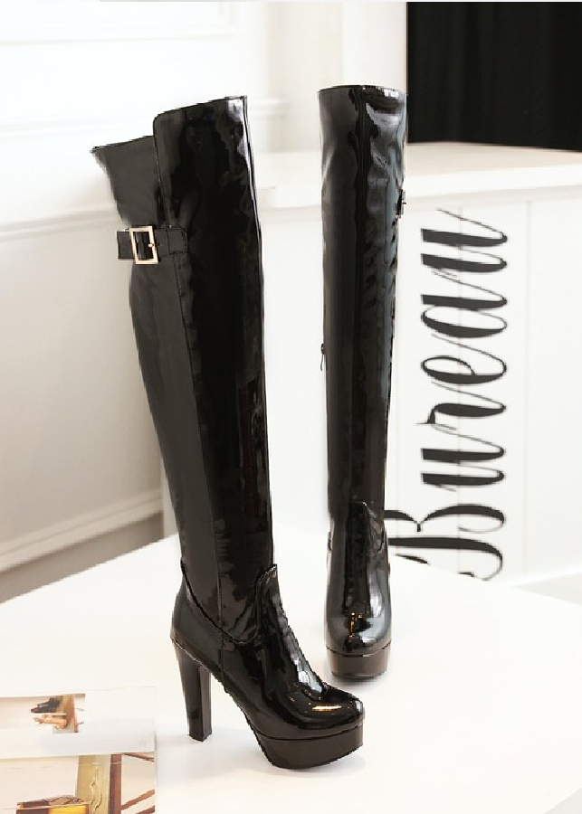 Giày boot nữ cổ cao da bóng đen hiện đại GCC3301