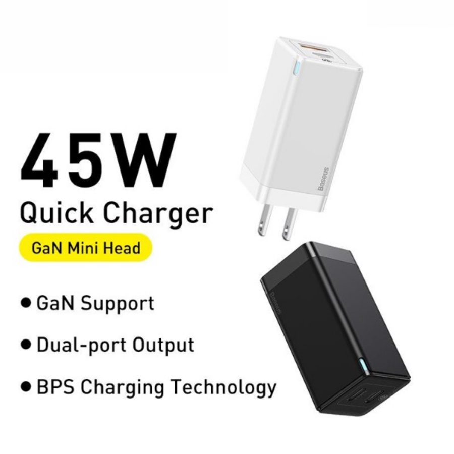 [Hàng Chính Hãng] Bộ sạc nhanh đa năng, nhỏ gọn Baseus GaN2 Quick Charger 45W (Type C/ USB Port , PD/QC3.0/ SCP/ FCP/ AFC/ BPS II Quick charger support, with C to C Cable) LV817-AC-US-