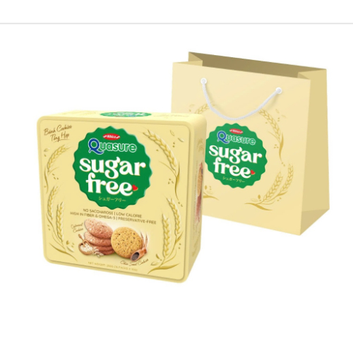 Bánh hỗn hợp Quasure Sugar Free hộp thiếc sang trọng Bibica bánh ăn kiêng không đường, biếu tặng người thân 256g