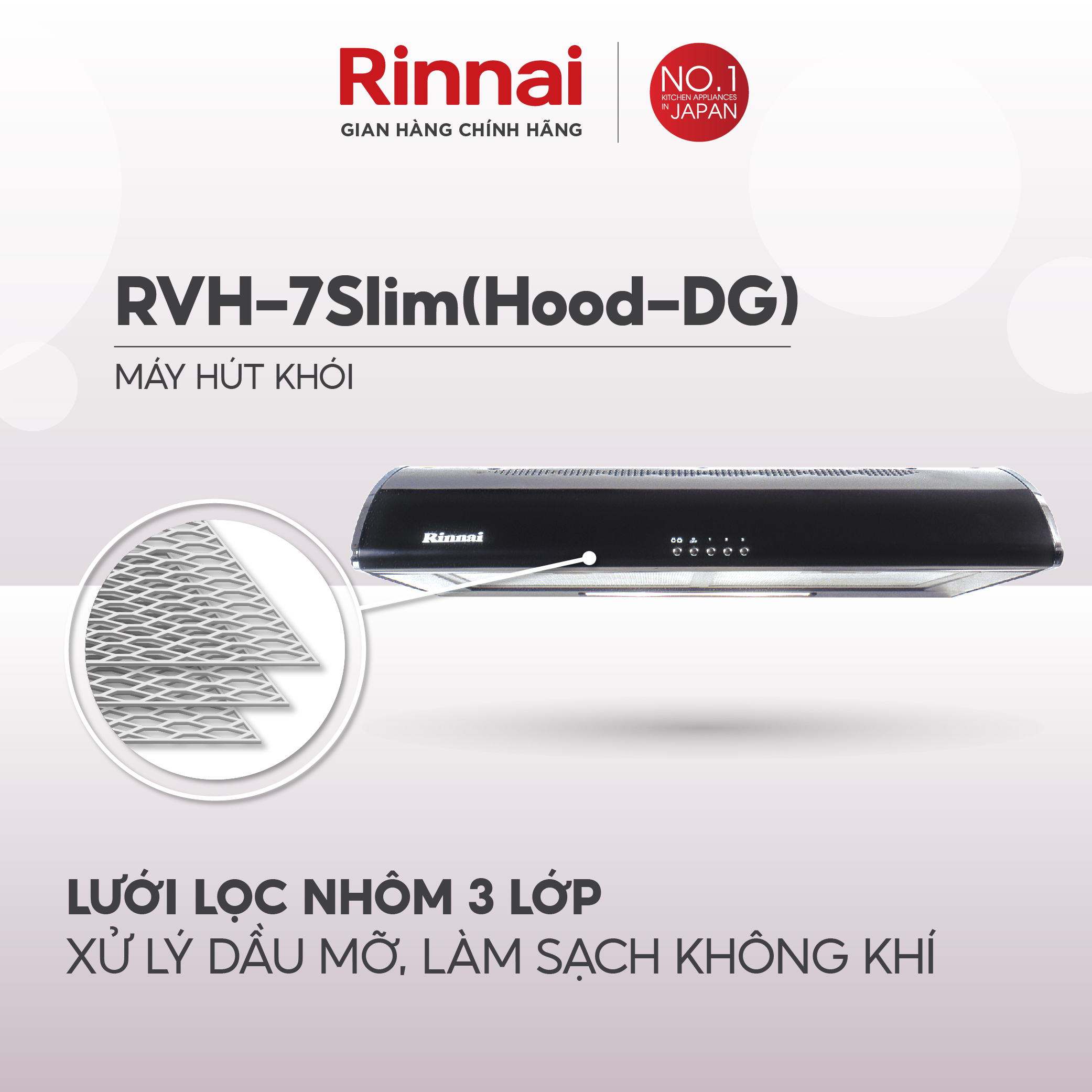 Máy hút mùi 70cm Rinnai RVH-7Slim(Hood-DG) than hoạt tính và ống thoát 380W - Hàng chính hãng.