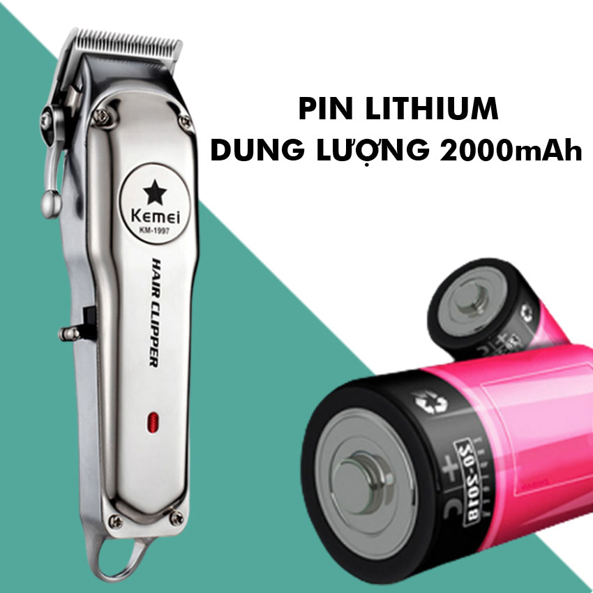 Tông đơ cắt tóc chuyên nghiệp Kemei KM-1997 thiết kế pin lithium 2000mAh sạc nhanh, toàn thân là hợp kim nhôm cao cấp Tặng kèm 1 kẹp cá sấu chia tóc tiện lợi ( tặng màu ngẫu nhiên )