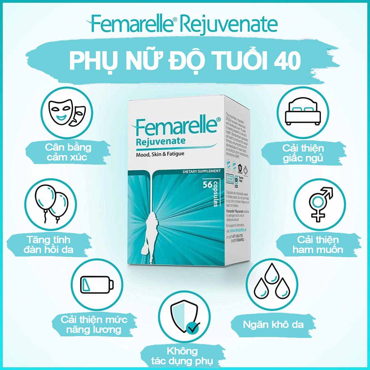 Femarelle Rejuvenate-Thực phẩm bảo vệ sức khỏe dành cho PN giai đoạn tiền mãn kinh: Cải thiện cảm xúc, giấc ngủ, giảm mệt mỏi, giúp tóc khỏe, tăng độ đàn hồi cho da...