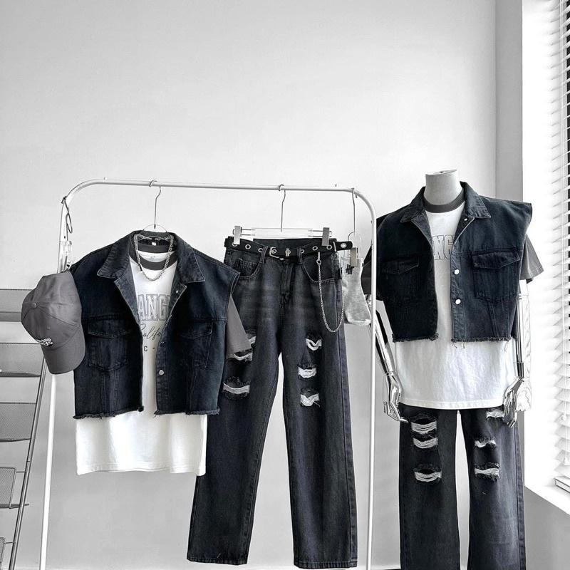 UMEKO Áo Gile Jean, Áo Khoác Denim Unisex Form Crop Dáng Rộng Không Tay Phong Cách Y2K Streetwear Cá Tính Hot Hè 2023