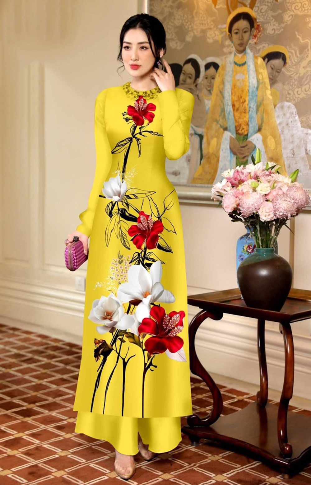 Áo dài in 3D họa tiết hoa lan cao cấp D030 - Khánh Linh style - Lady Fashion