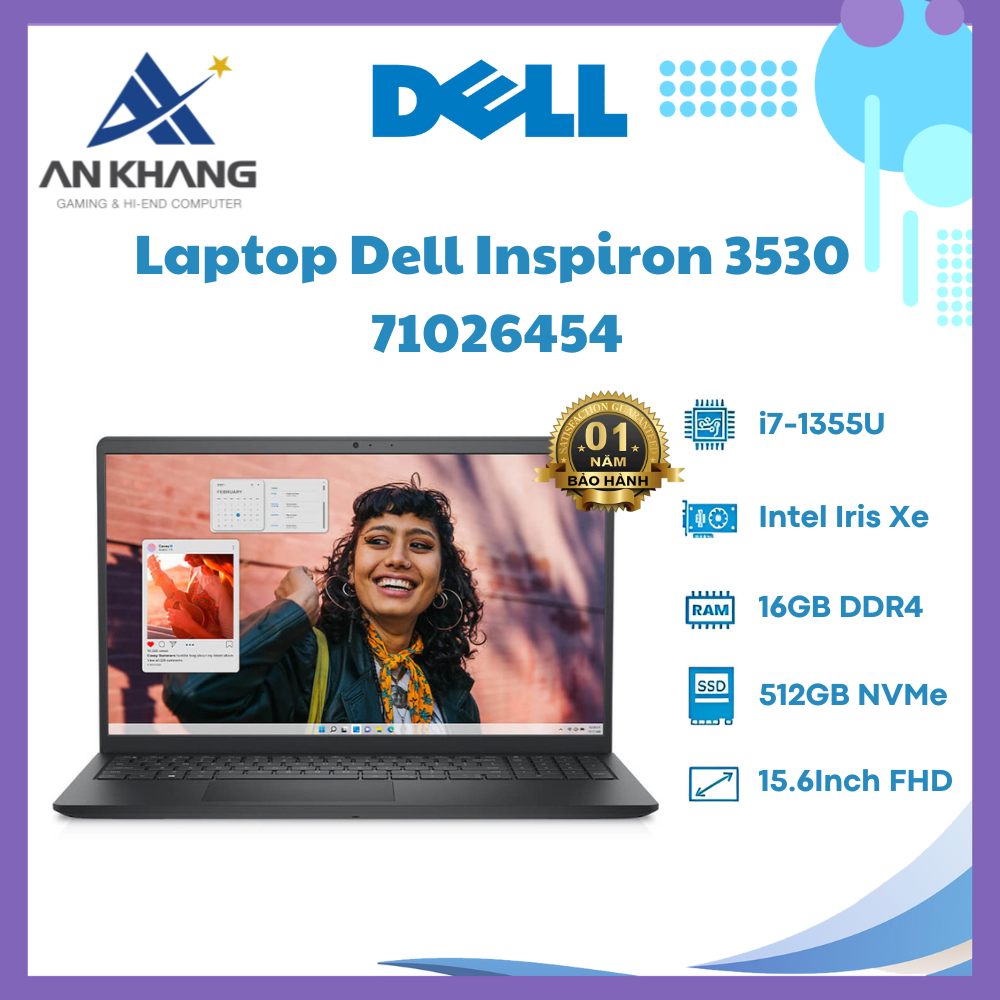 Laptop Dell Inspiron 3530 71026454 (Intel Core i7-1355U | 16GB | 512GB | Intel Iris Xe | 15.6 inch FHD | Win 11 | Office | Đen) - Hàng Chính Hãng - Bảo Hành 12 Tháng