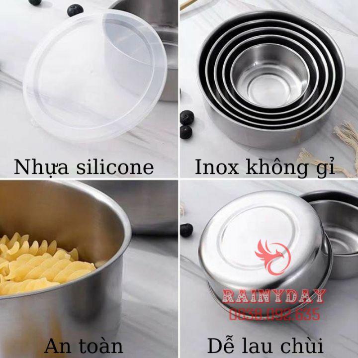 Bộ 5 hộp thố inox đựng bảo quản thực phẩm thức ăn trong tủ lạnh có nắp đậy silicon hút chân không