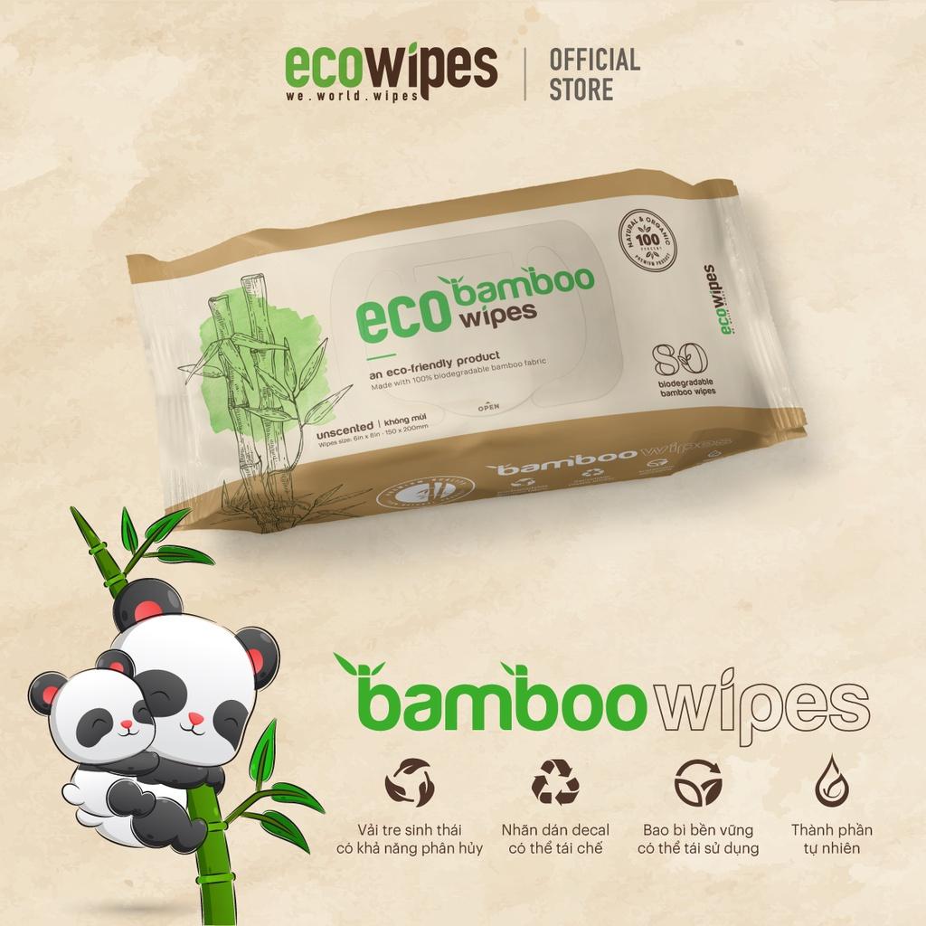 Combo 05 gói khăn giấy ướt cao cấp EcoWipes Bamboo gói 80 tờ vải sợi tre sinh thái không mùi có thể phân hủy