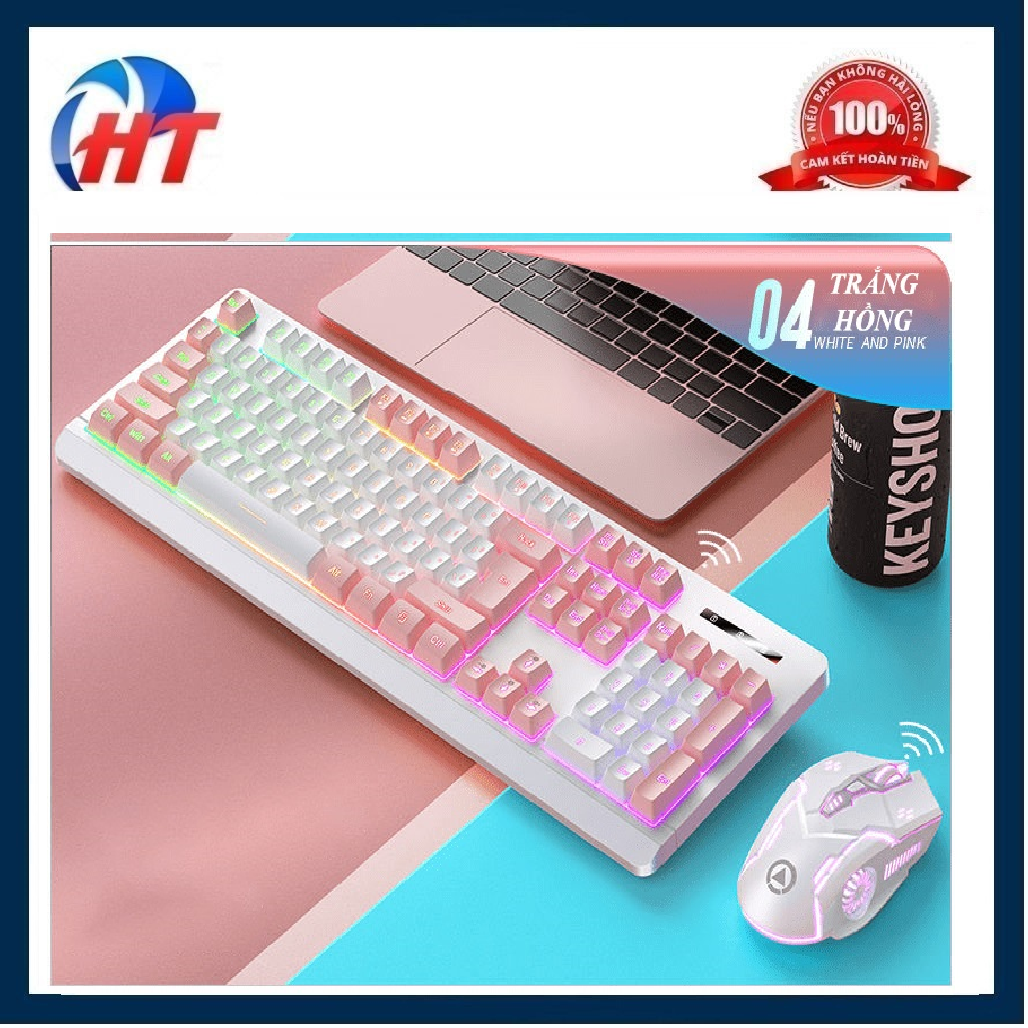 COMBO BÀN PHÍM CHUỘT YD KM-01 KHÔNG DÂY CÓ ĐÈN LED KẾT NỐI BẰNG CHIP USB 2.4G GAMING-HT - Màu Trắng Hồng